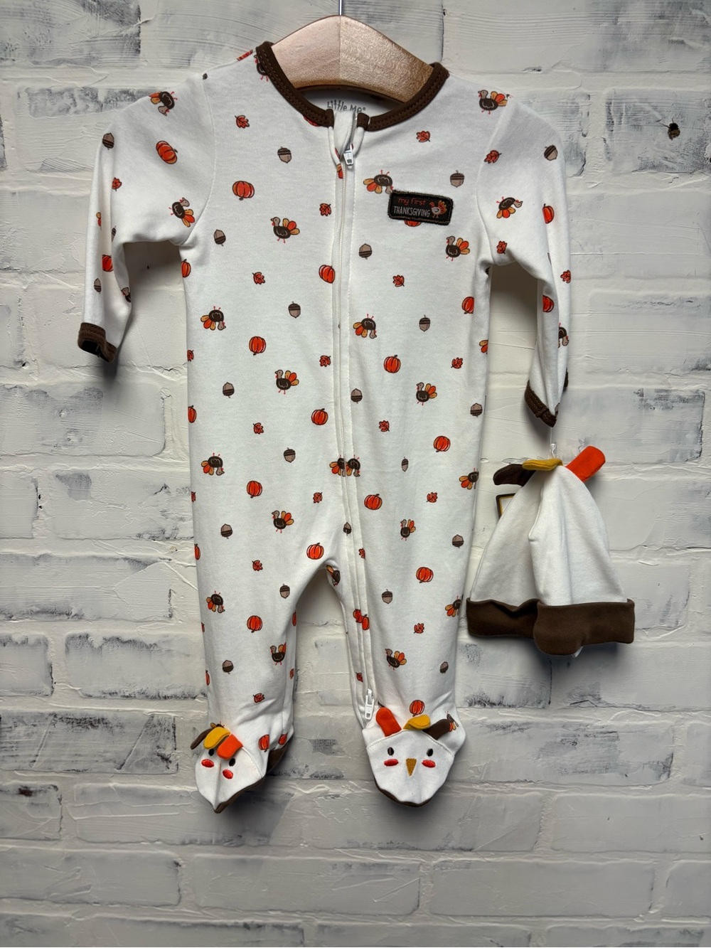 Little Me White Pumpkin & Turkey Footie with Matching Hat